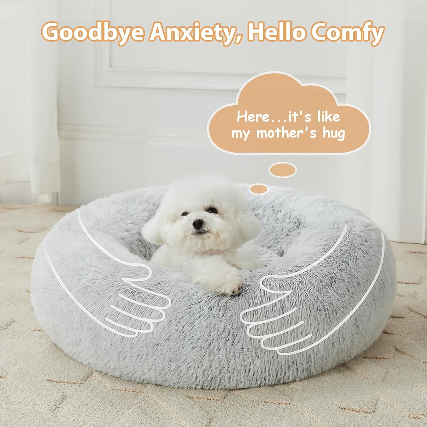 Small round Calming Dog Bed Cat Bed for Comfy Sleep | Dog Bed for Small Dog, Cute Washable Puppy Bed with Fuzzy Plush, Fur Anxiety Pet Bed Donut Cuddler (24X24X8In, Light Grey)