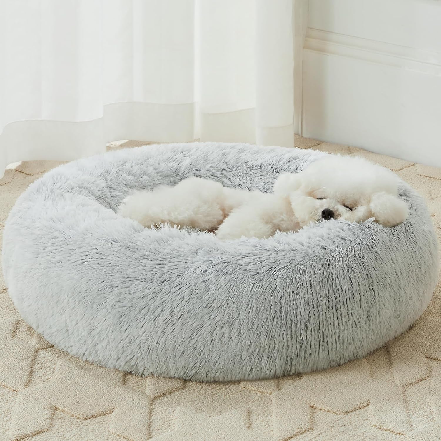 Small round Calming Dog Bed Cat Bed for Comfy Sleep | Dog Bed for Small Dog, Cute Washable Puppy Bed with Fuzzy Plush, Fur Anxiety Pet Bed Donut Cuddler (24X24X8In, Light Grey)