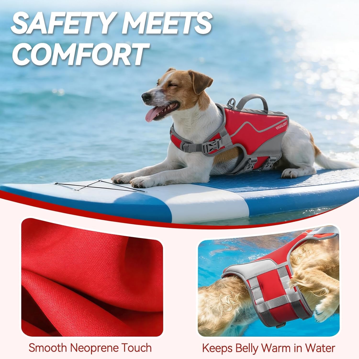 Dog Life Vest Neoprene Dog Swim Vest, M, Red | High Visibility Adjustable for Doggy Cat Puppy, Lifejacket with Leash Ring & Handle for Swimming & Boating