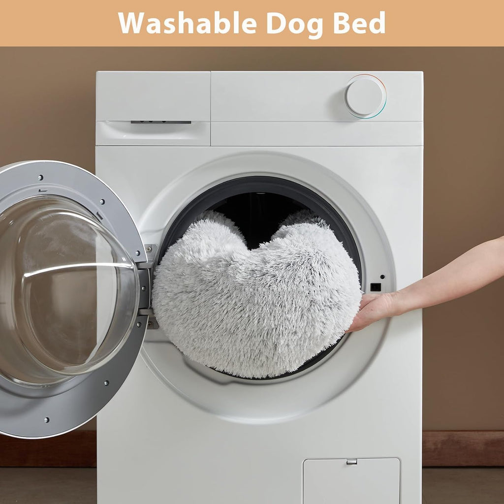 Small round Calming Dog Bed Cat Bed for Comfy Sleep | Dog Bed for Small Dog, Cute Washable Puppy Bed with Fuzzy Plush, Fur Anxiety Pet Bed Donut Cuddler (24X24X8In, Light Grey)