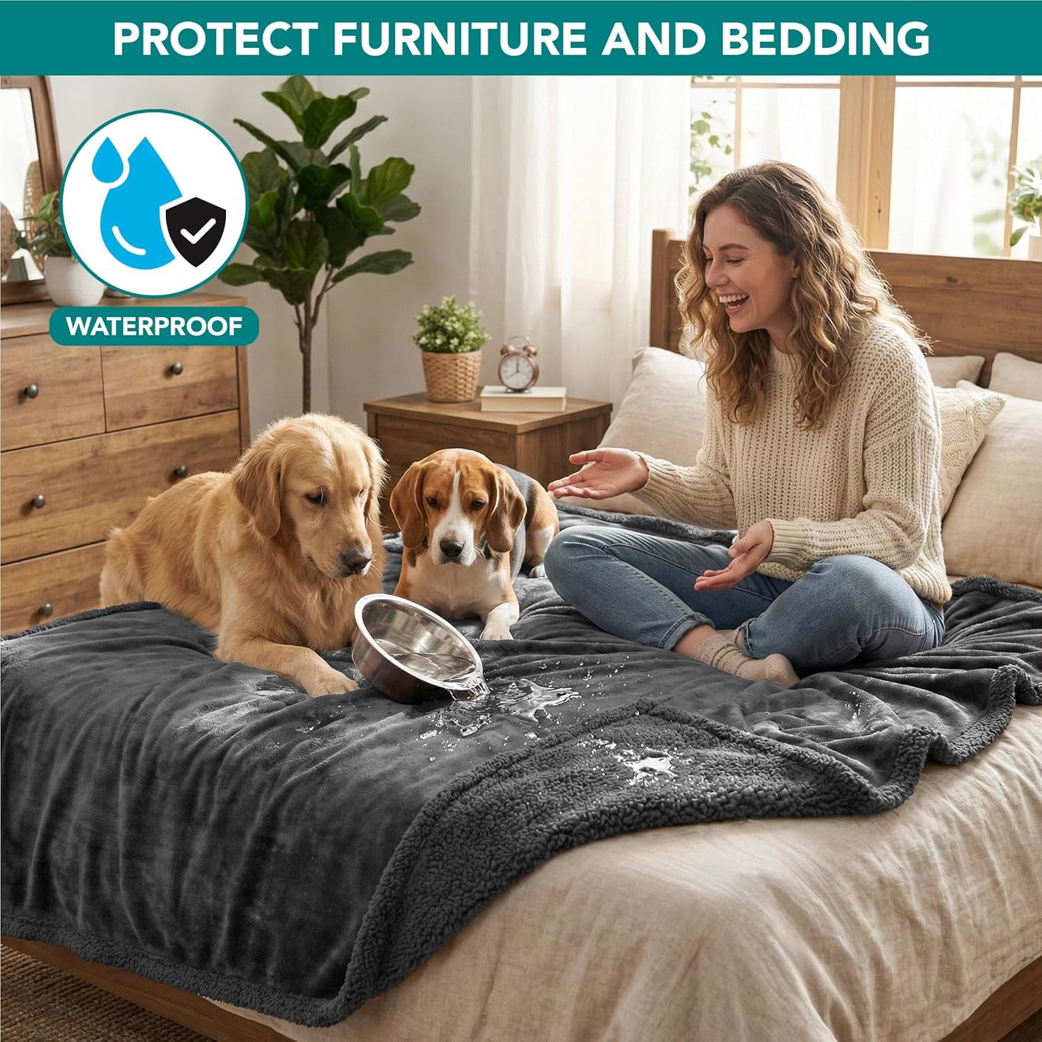 Waterproof Dog Blanket for Large Dog Pet, 90X90 Queen, Dark Grey | 460 GSM Sherpa Fleece Reversible, Pee Proof Cat Blanket, Furniture Protector Cover for Bed Sofa Kennel, Washable, Queen Size