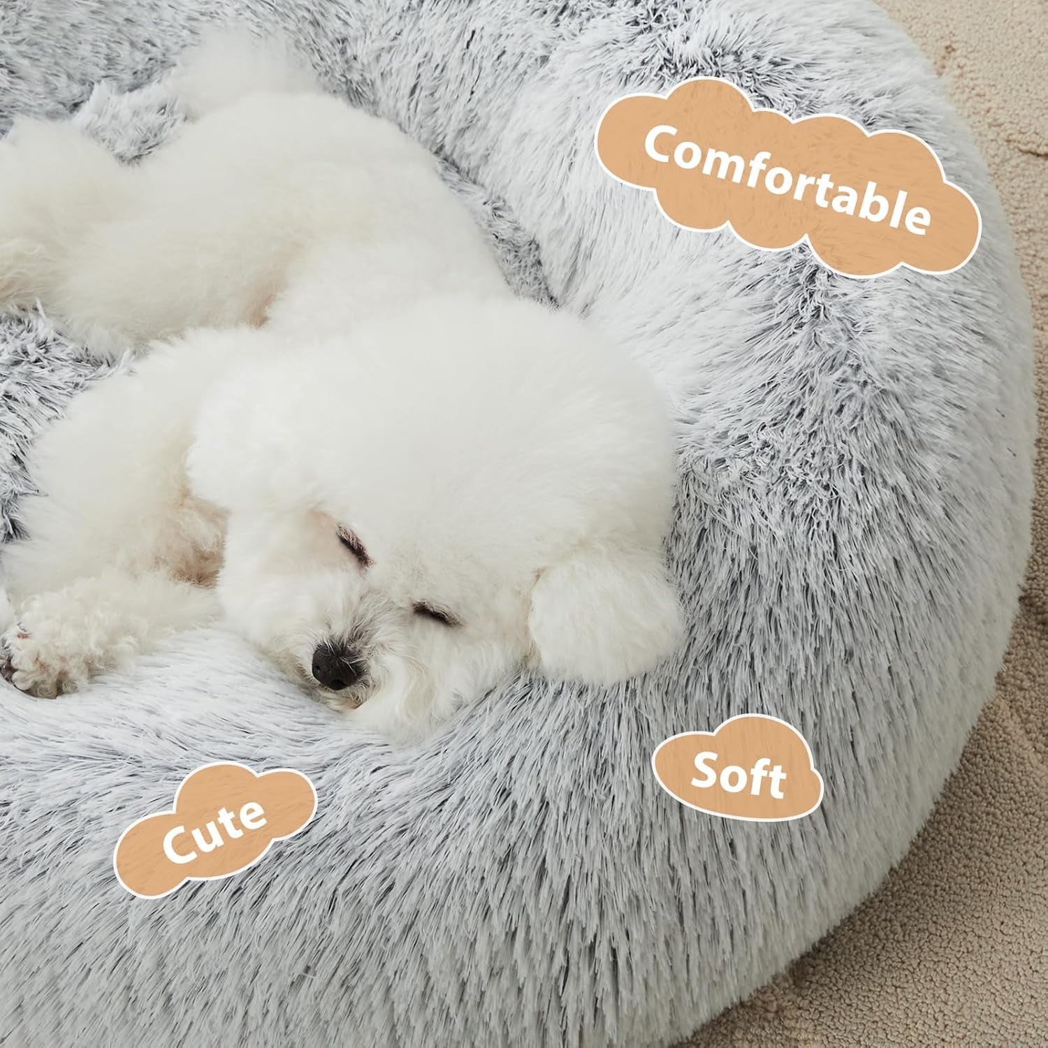 Small round Calming Dog Bed Cat Bed for Comfy Sleep | Dog Bed for Small Dog, Cute Washable Puppy Bed with Fuzzy Plush, Fur Anxiety Pet Bed Donut Cuddler (24X24X8In, Light Grey)