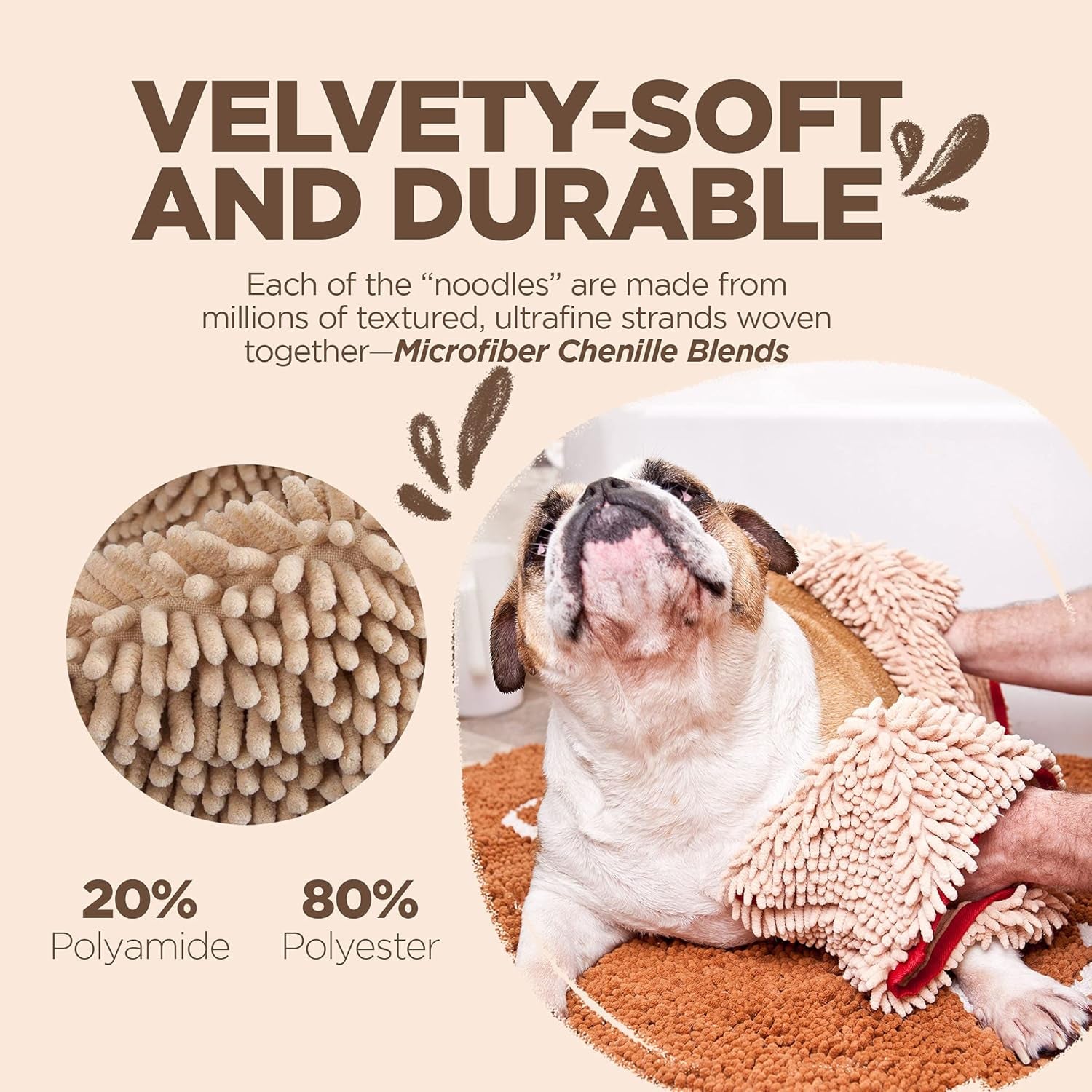 Soggy Doggy Super Shammy Absorbent Dog Towel, Beige, 31X14 | Hand-Pocket Design; Noodle-Texture Chenille; Gentle on Paws & Skin; for Bath Time, Beach, Muddy Walks; Quick-Dry