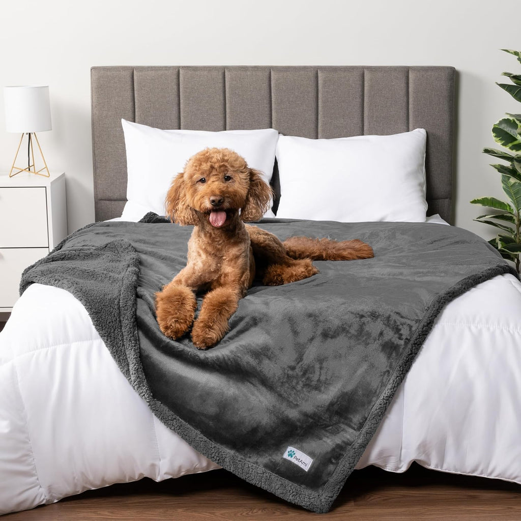 Waterproof Dog Blanket for Large Dog Pet, 90X90 Queen, Dark Grey | 460 GSM Sherpa Fleece Reversible, Pee Proof Cat Blanket, Furniture Protector Cover for Bed Sofa Kennel, Washable, Queen Size