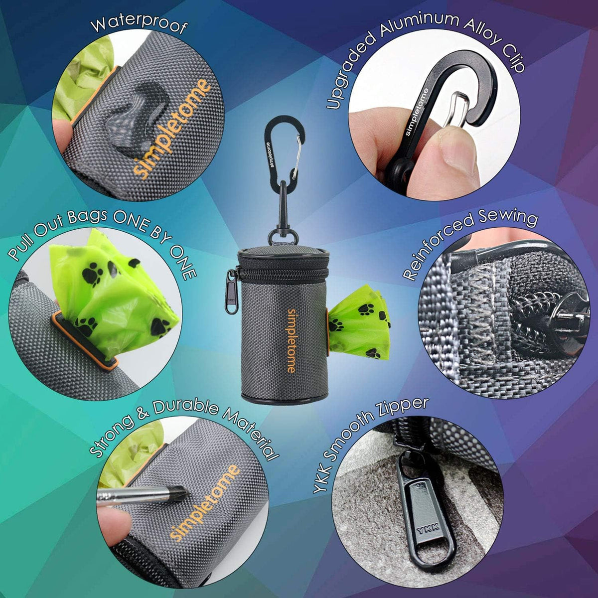 1680D Oxford Dog Poop Bag Holder with Clip for Leash or Belt, Dark Gray | with 15Pcs Dog Waste Bags-1 Roll | Smoothly YKK Zipper | Orange Lining | Reinforced Sewing,More Durable | Color Box Package