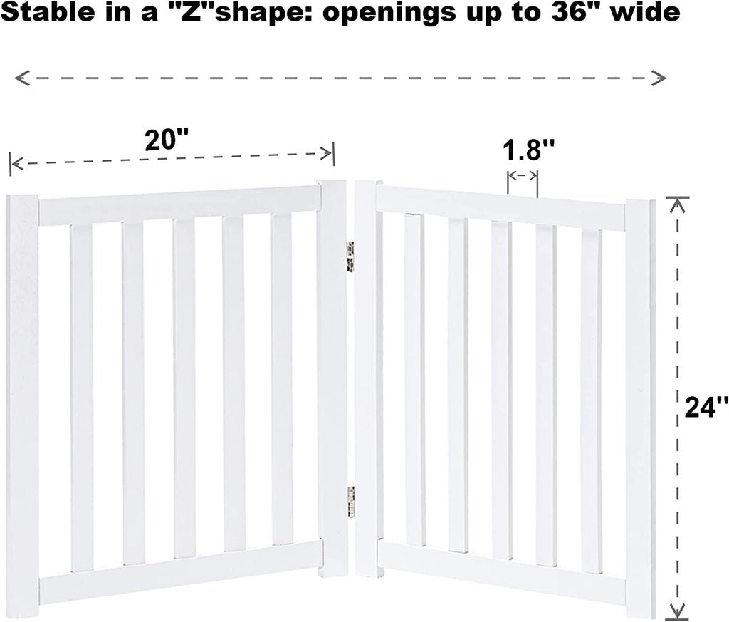 Wooden Free Standing Dog Gate 40" W X 24" H, Foldable Solid Hardwood Pet Safety Fence for House Doorways, Stairs, Hallways, Step-Over Pet Barrier, No Drill Easy Setup, White
