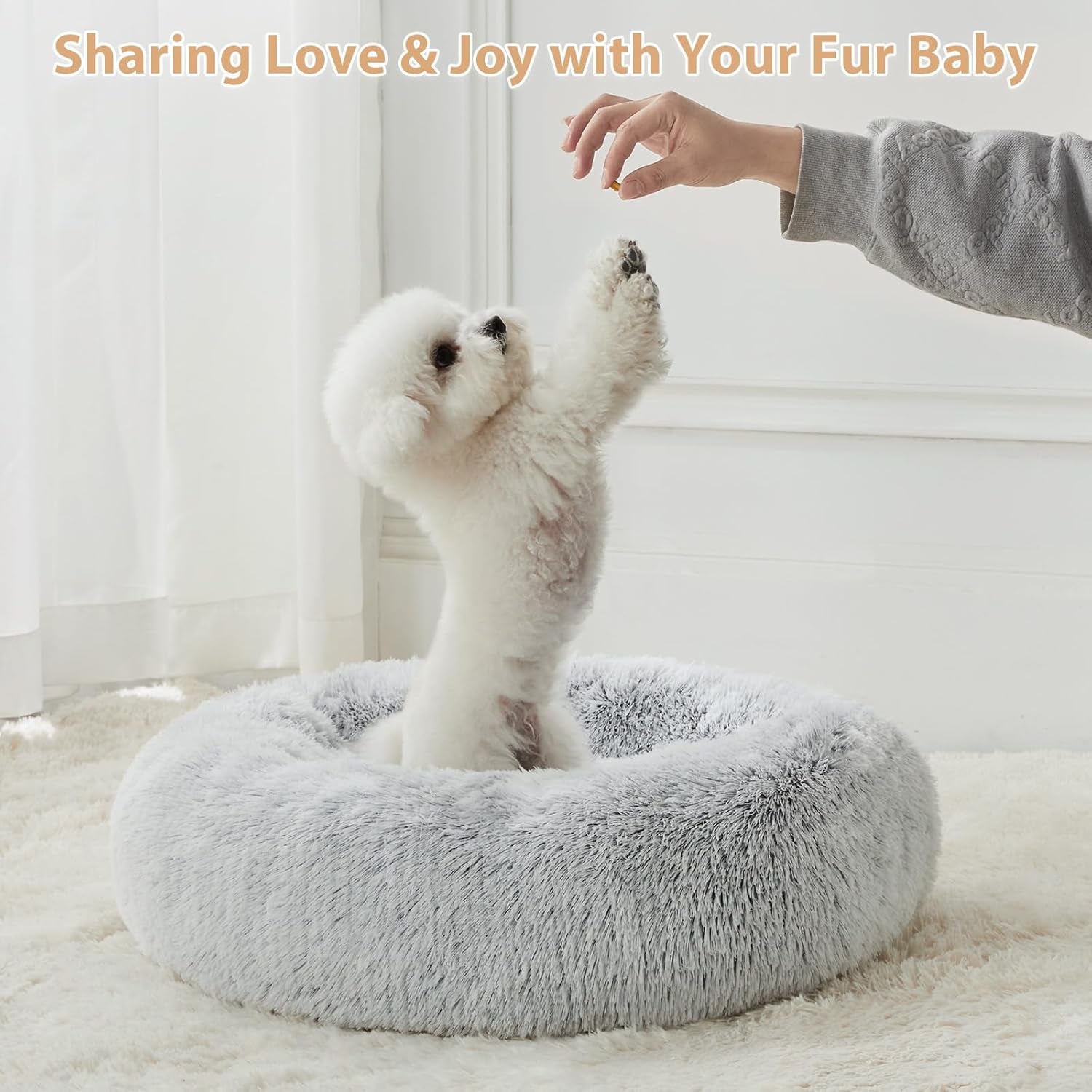 Small round Calming Dog Bed Cat Bed for Comfy Sleep | Dog Bed for Small Dog, Cute Washable Puppy Bed with Fuzzy Plush, Fur Anxiety Pet Bed Donut Cuddler (24X24X8In, Light Grey)