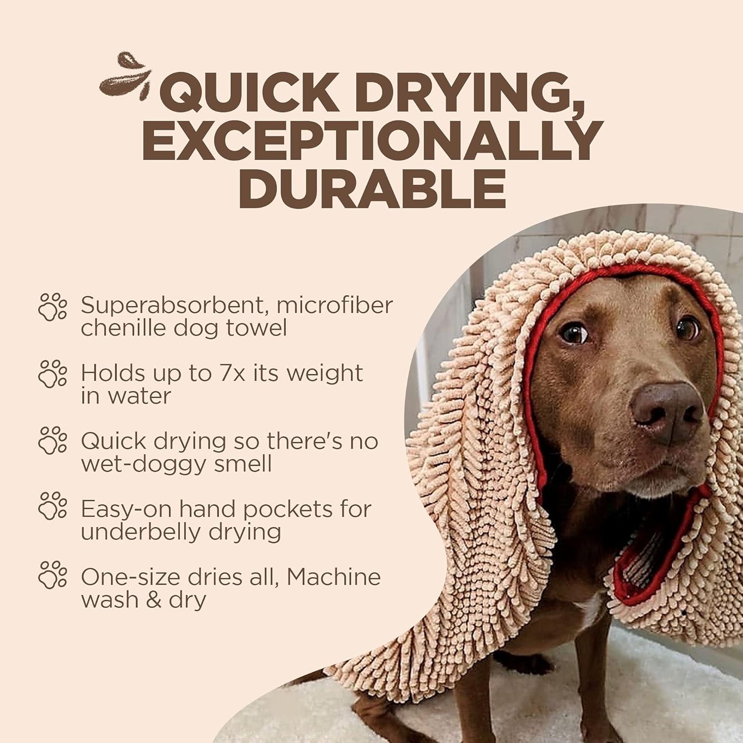 Soggy Doggy Super Shammy Absorbent Dog Towel, Beige, 31X14 | Hand-Pocket Design; Noodle-Texture Chenille; Gentle on Paws & Skin; for Bath Time, Beach, Muddy Walks; Quick-Dry