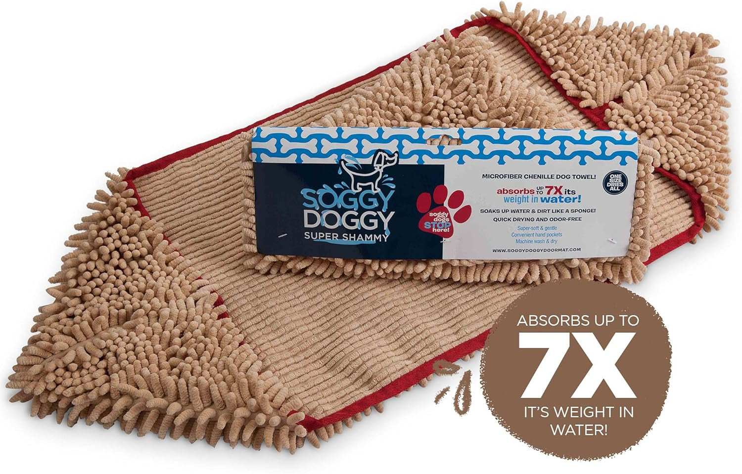 Soggy Doggy Super Shammy Absorbent Dog Towel, Beige, 31X14 | Hand-Pocket Design; Noodle-Texture Chenille; Gentle on Paws & Skin; for Bath Time, Beach, Muddy Walks; Quick-Dry