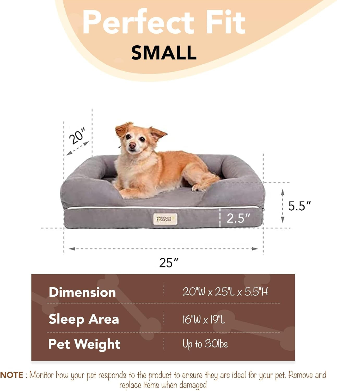 Orthopedic Dog Bed, Memory Foam Pet Sofa, Calming Dog Couch, Water Resistant Pet Bed, Washable Cover, Non-Slip Bottom, Chester, Cocoa Brown, 25" X 20" X 5.5"